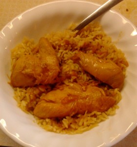 sesame orange chicken on rice